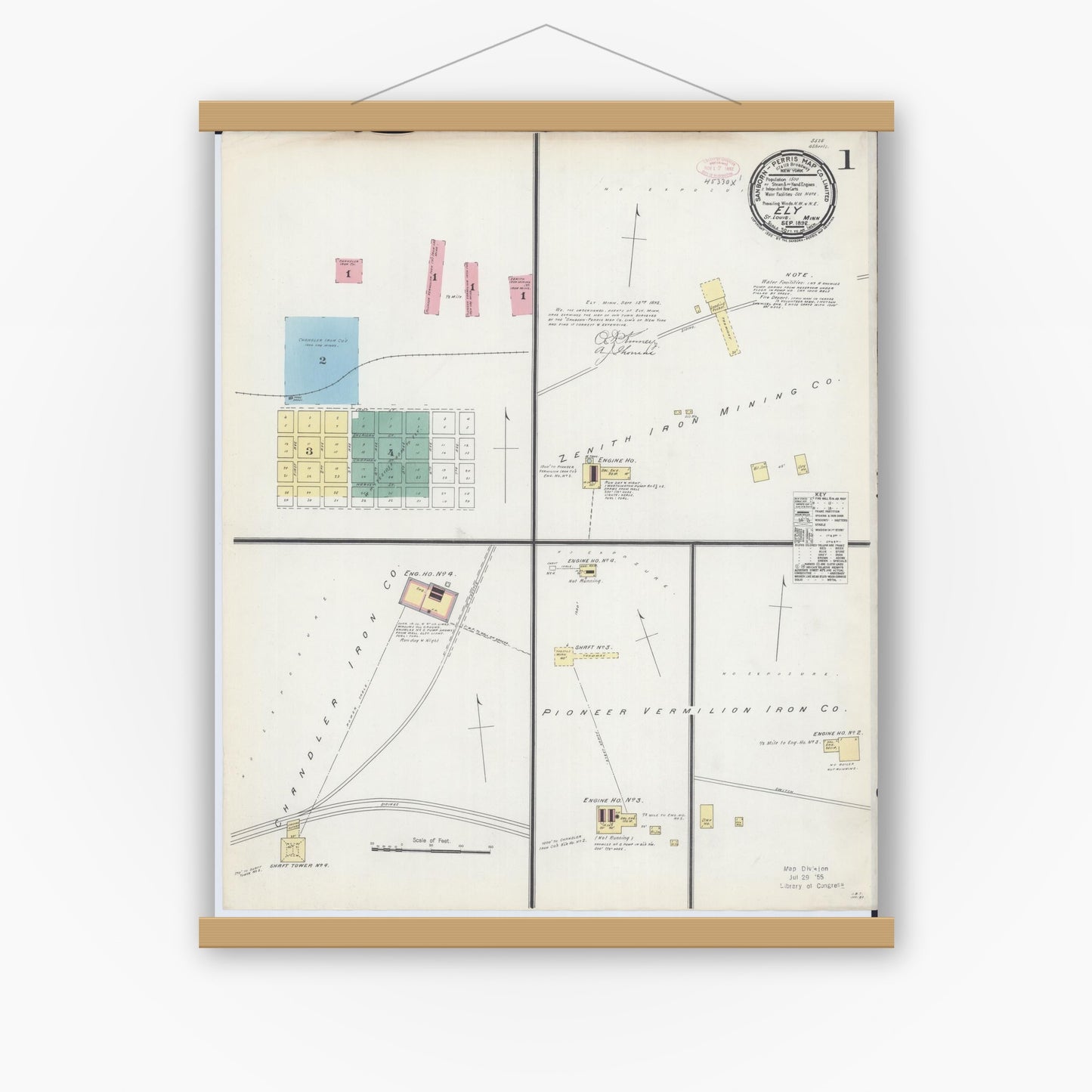 Old map wall art mockup — magnetic wood frame on white wall — Sanborn Fire Insurance Map from Ely, Saint Louis County, Minnesota (1892), Sheet #0001