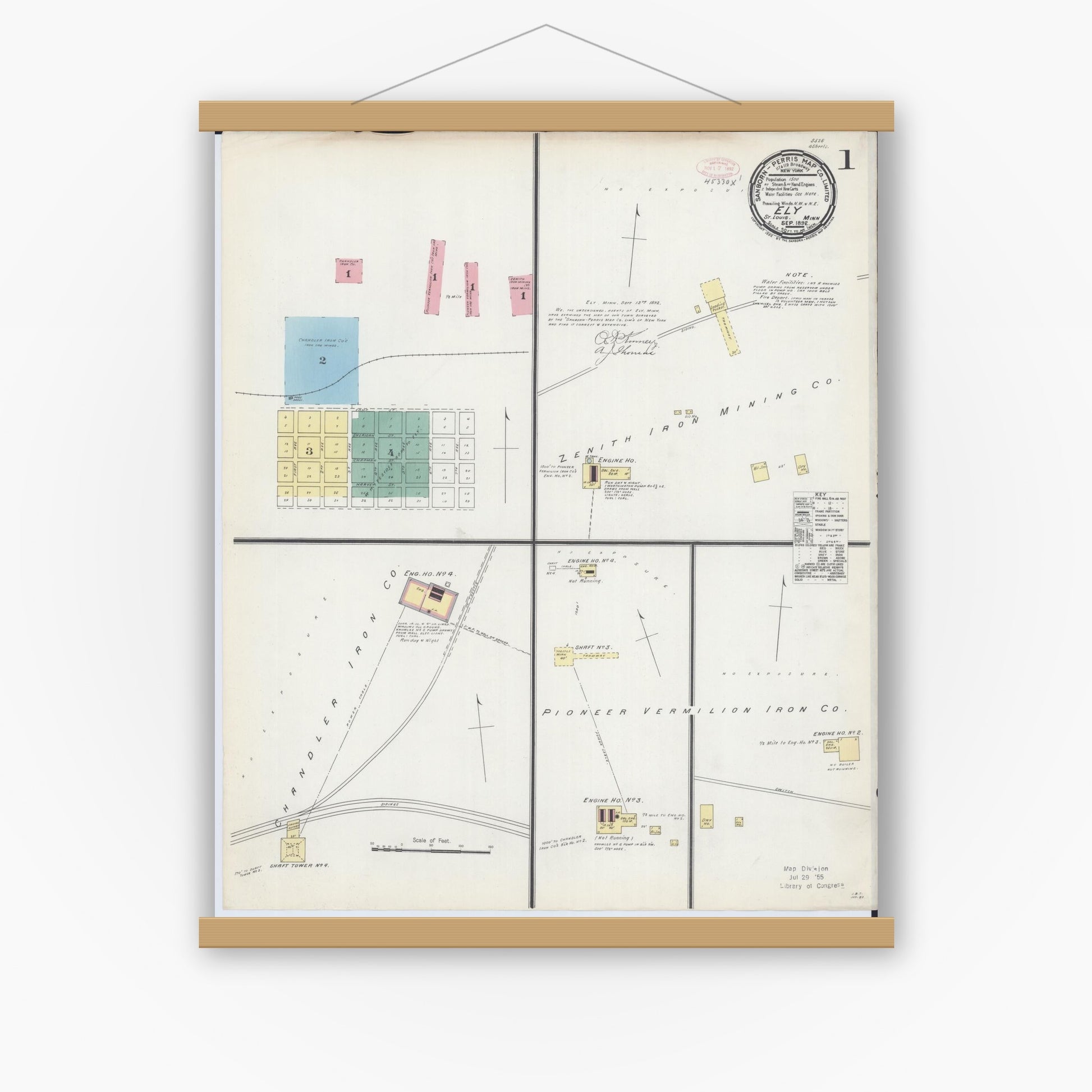 Old map wall art mockup — magnetic wood frame on white wall — Sanborn Fire Insurance Map from Ely, Saint Louis County, Minnesota (1892), Sheet #0001
