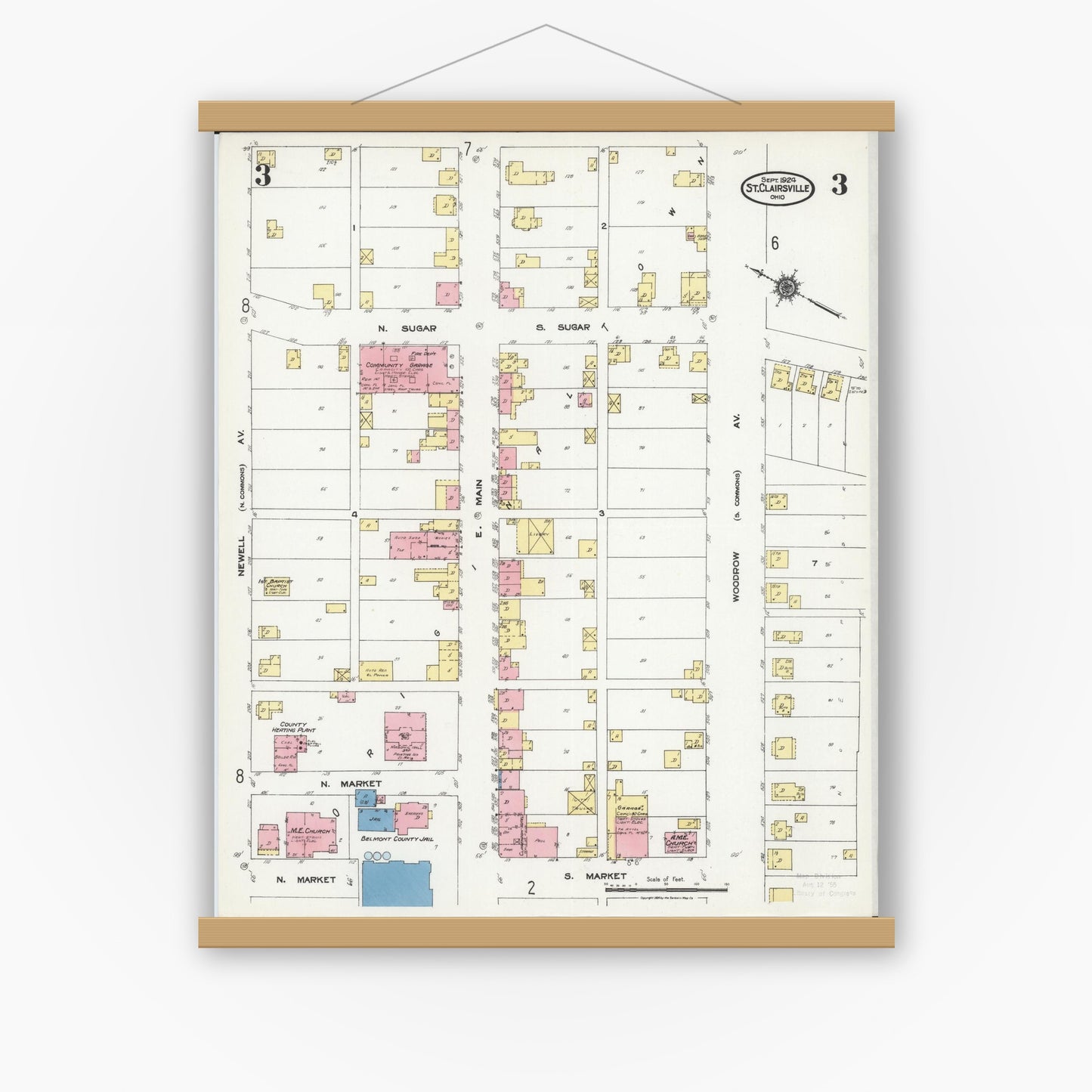 Old map wall art mockup — magnetic wood frame on white wall — Sanborn Fire Insurance Map from Saint Clairsville, Belmont County, Ohio (1924), Sheet #0003