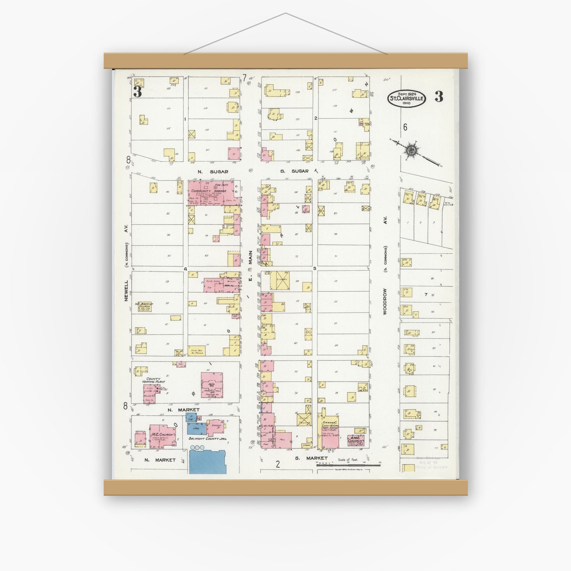 Old map wall art mockup — magnetic wood frame on white wall — Sanborn Fire Insurance Map from Saint Clairsville, Belmont County, Ohio (1924), Sheet #0003
