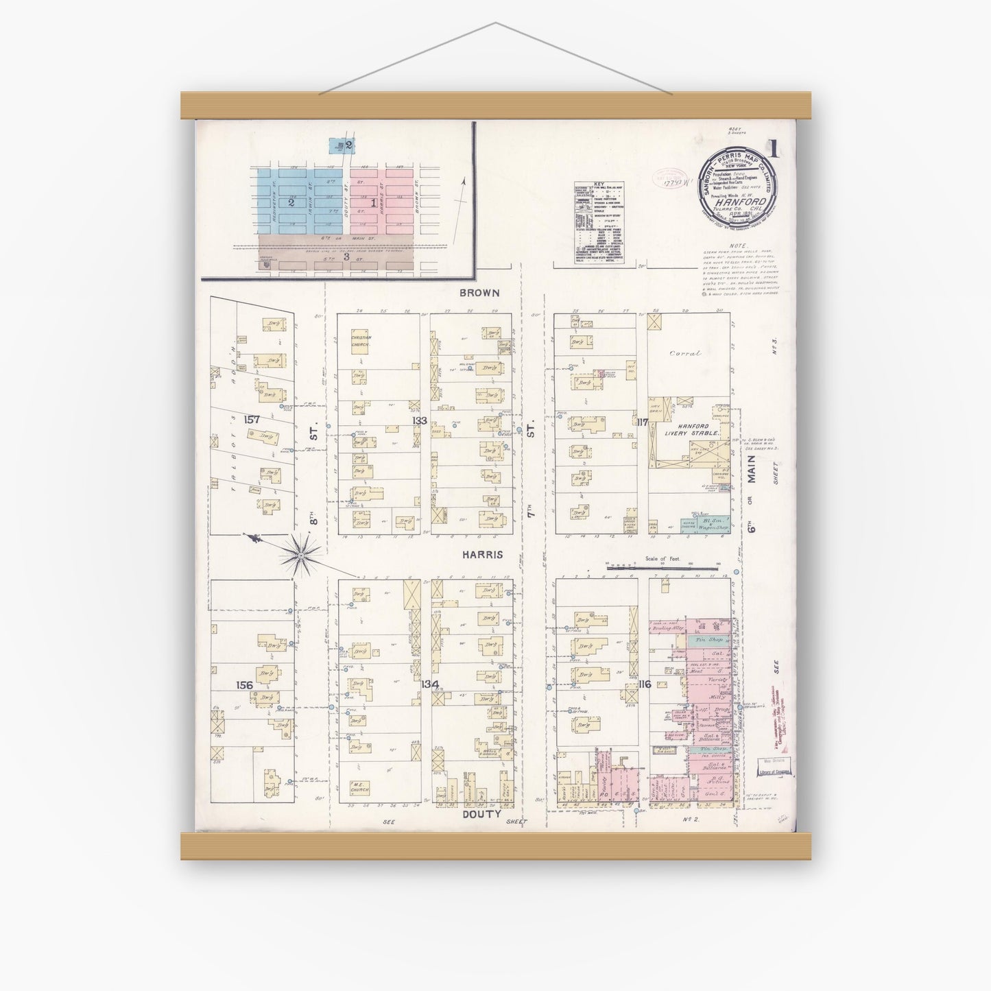 Old map wall art mockup — magnetic wood frame on white wall — Sanborn Fire Insurance Map from Hanford, Kings County, California (1891) - Complete Map Set