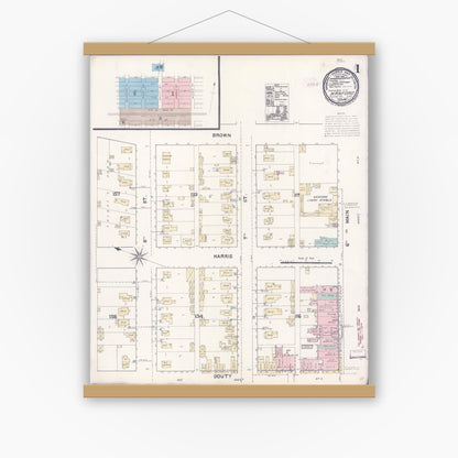 Old map wall art mockup — magnetic wood frame on white wall — Sanborn Fire Insurance Map from Hanford, Kings County, California (1891) - Complete Map Set