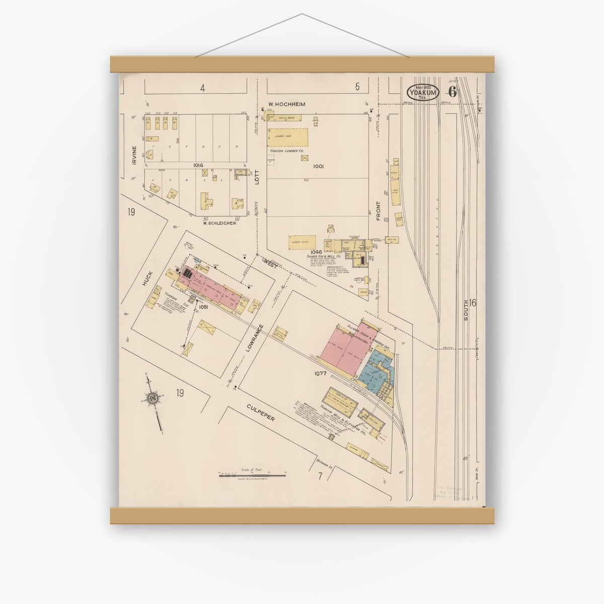 Old map wall art mockup — magnetic wood frame on white wall — Sanborn Fire Insurance Map from Yoakum, De Witt And Lavaca Counties, Texas (1922), Sheet #0006