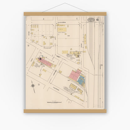 Old map wall art mockup — magnetic wood frame on white wall — Sanborn Fire Insurance Map from Yoakum, De Witt And Lavaca Counties, Texas (1922), Sheet #0006
