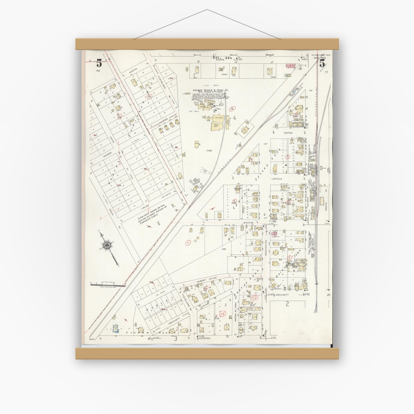Old map wall art mockup — magnetic wood frame on white wall — Sanborn Fire Insurance Map from Cleveland, Liberty County, Texas (1939), Sheet #0005