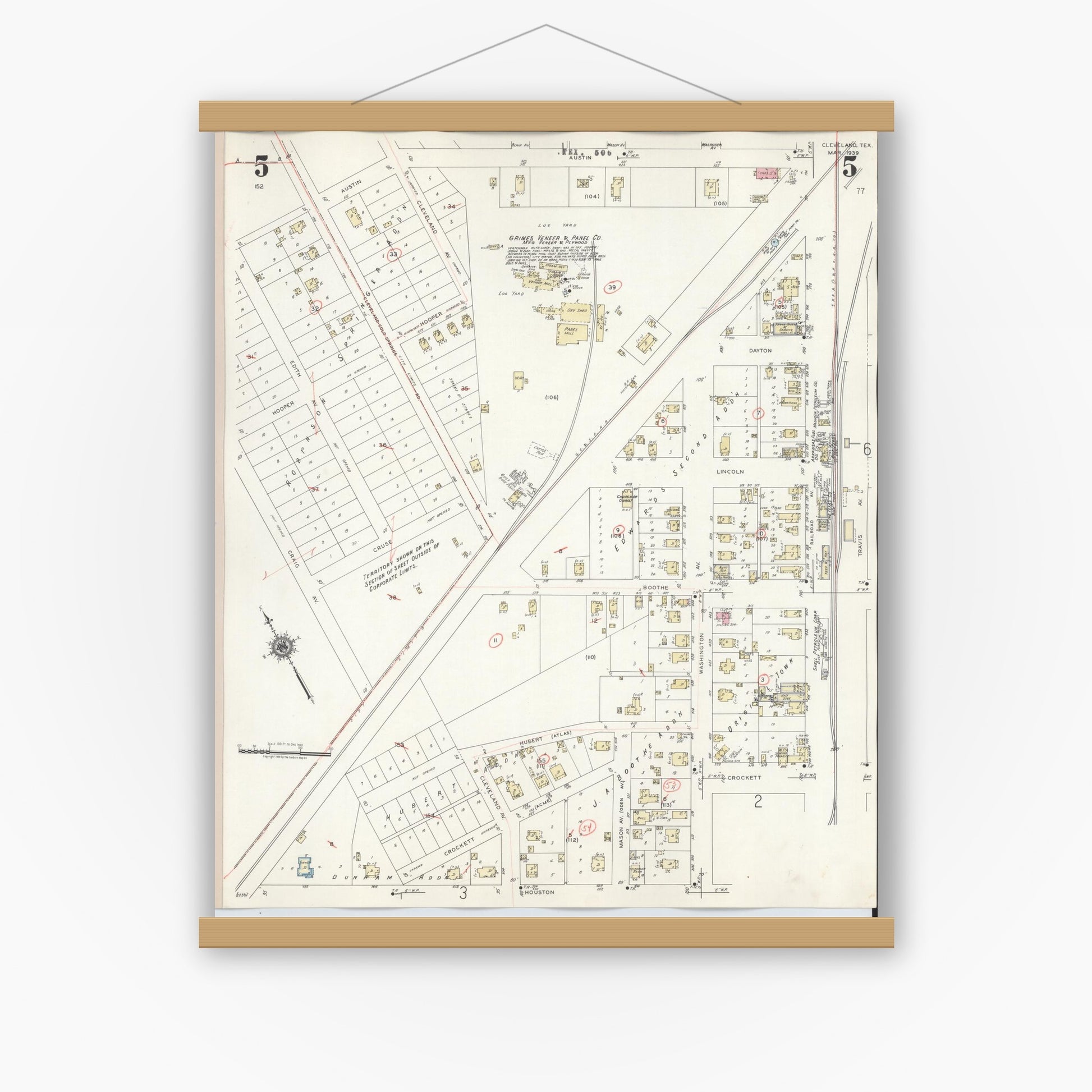 Old map wall art mockup — magnetic wood frame on white wall — Sanborn Fire Insurance Map from Cleveland, Liberty County, Texas (1939), Sheet #0005