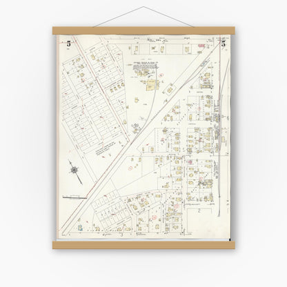Old map wall art mockup — magnetic wood frame on white wall — Sanborn Fire Insurance Map from Cleveland, Liberty County, Texas (1939), Sheet #0005