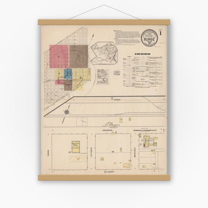 Old map wall art mockup — magnetic wood frame on white wall — Sanborn Fire Insurance Map from Runge, Karnes County, Texas (1922) - Complete Map Set