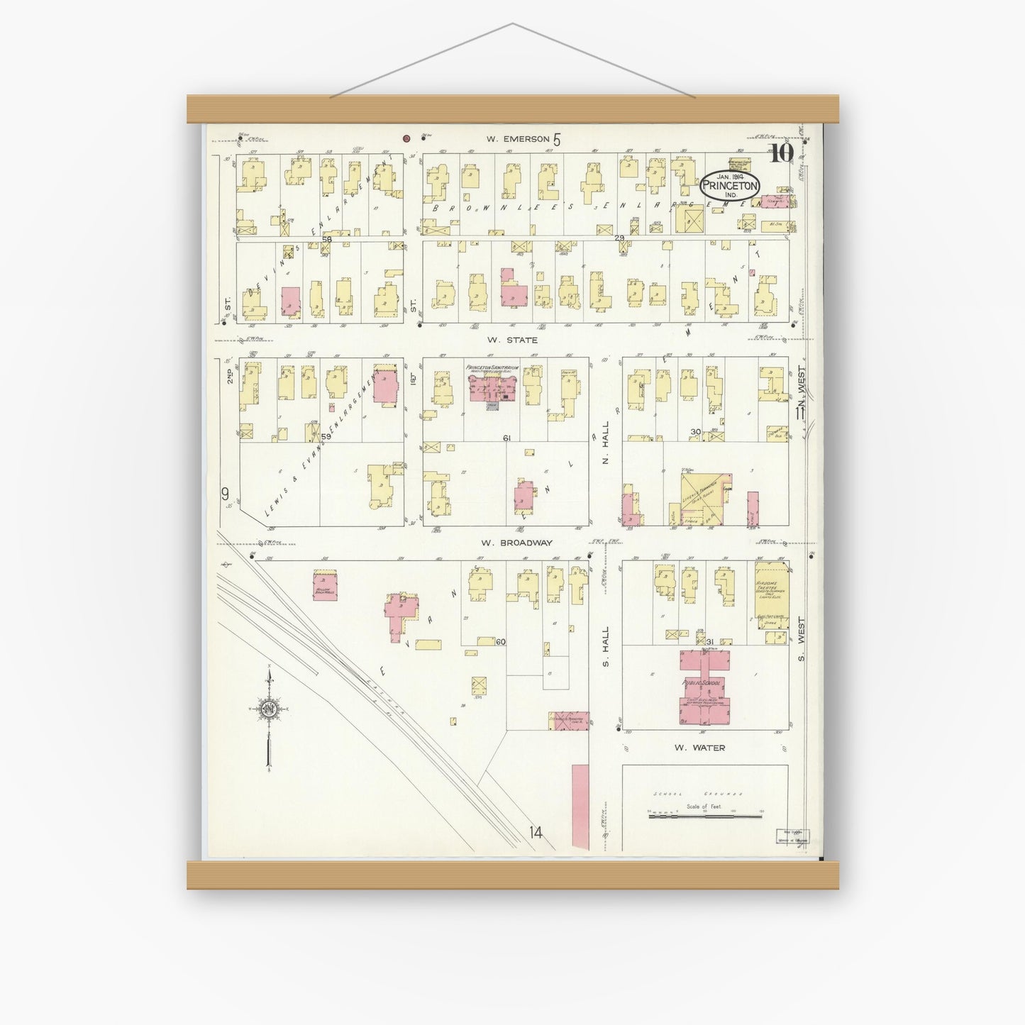 Old map wall art mockup — magnetic wood frame on white wall — Sanborn Fire Insurance Map from Princeton, Gibson County, Indiana (1914), Sheet #0010