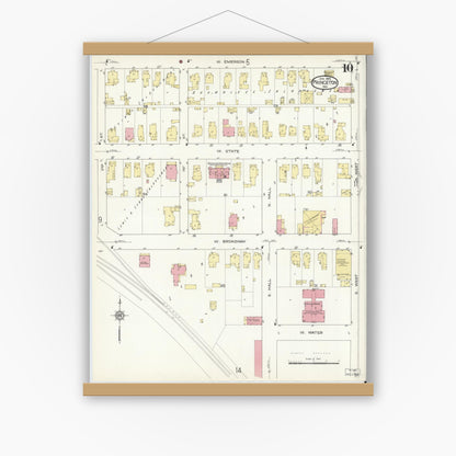 Old map wall art mockup — magnetic wood frame on white wall — Sanborn Fire Insurance Map from Princeton, Gibson County, Indiana (1914), Sheet #0010