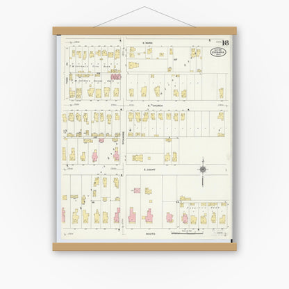 Old map wall art mockup — magnetic wood frame on white wall — Sanborn Fire Insurance Map from Urbana, Champaign County, Ohio (1910), Sheet #0018