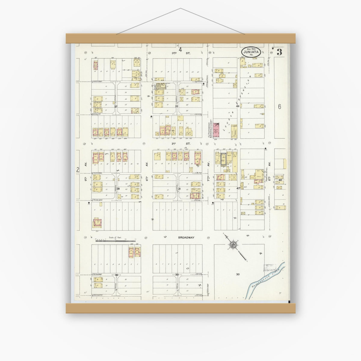 Old map wall art mockup — magnetic wood frame on white wall — Sanborn Fire Insurance Map from Juniata, Blair County, Pennsylvania (1910), Sheet #0003