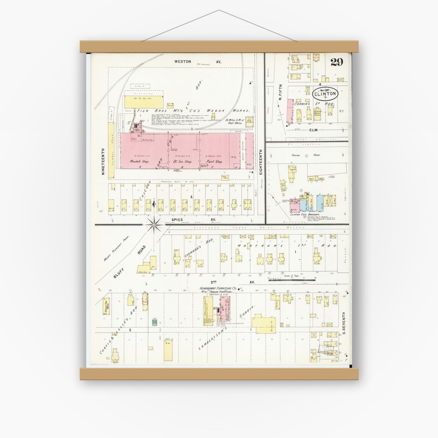 Old map wall art mockup — magnetic wood frame on white wall — Sanborn Fire Insurance Map from Clinton, Clinton County, Iowa (1897), Sheet #0029