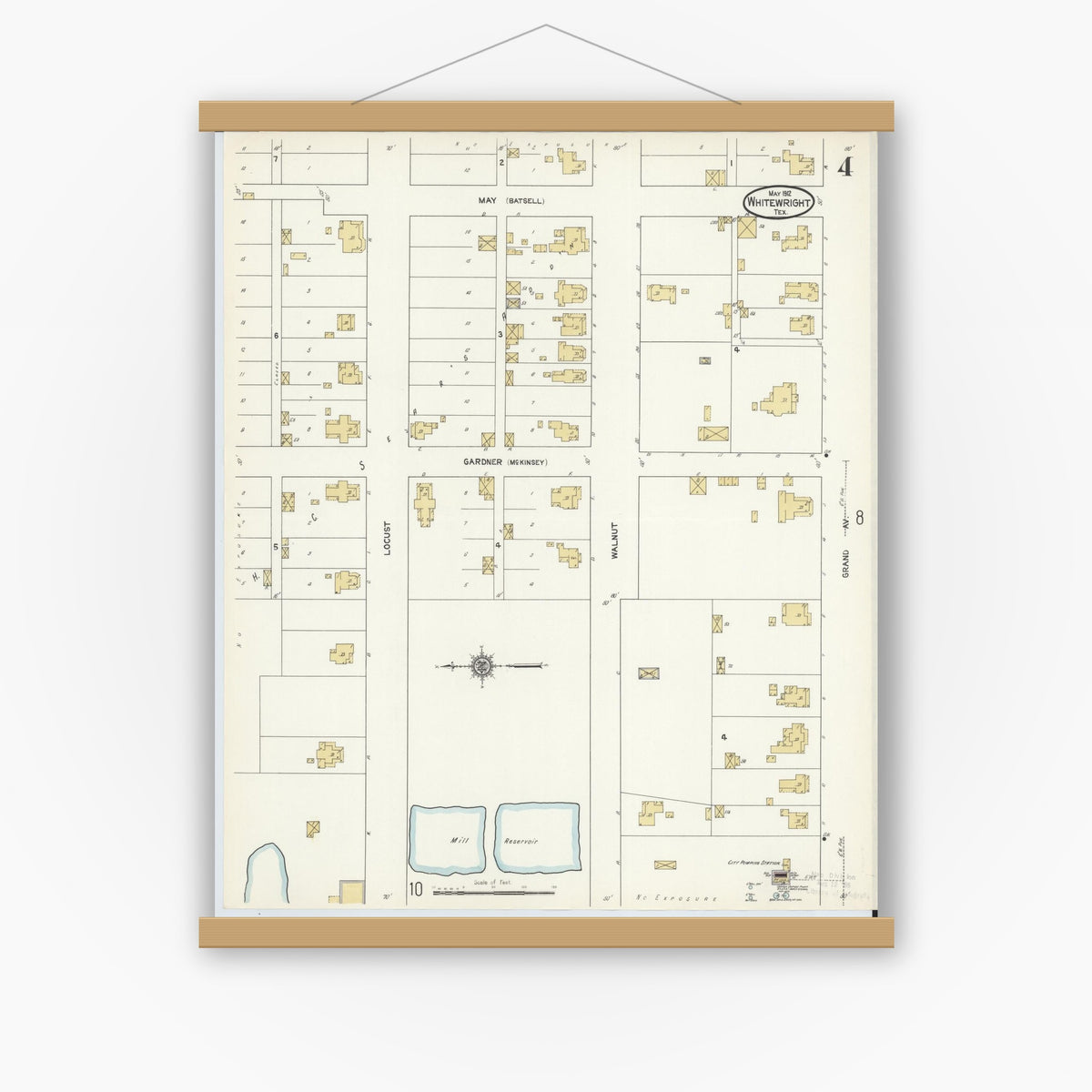 Old map wall art mockup — magnetic wood frame on white wall — Sanborn Fire Insurance Map from Whitewright, Grayson County, Texas (1912), Sheet #0004