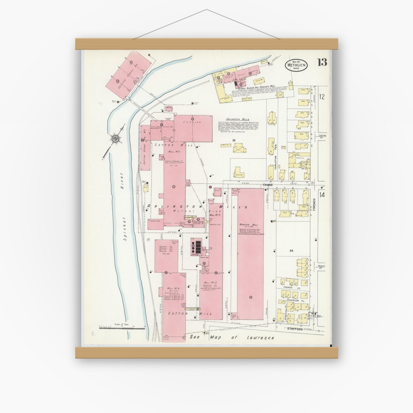 Old map wall art mockup — magnetic wood frame on white wall — Sanborn Fire Insurance Map from Methuen, Essex County, Massachusetts (1911), Sheet #0013