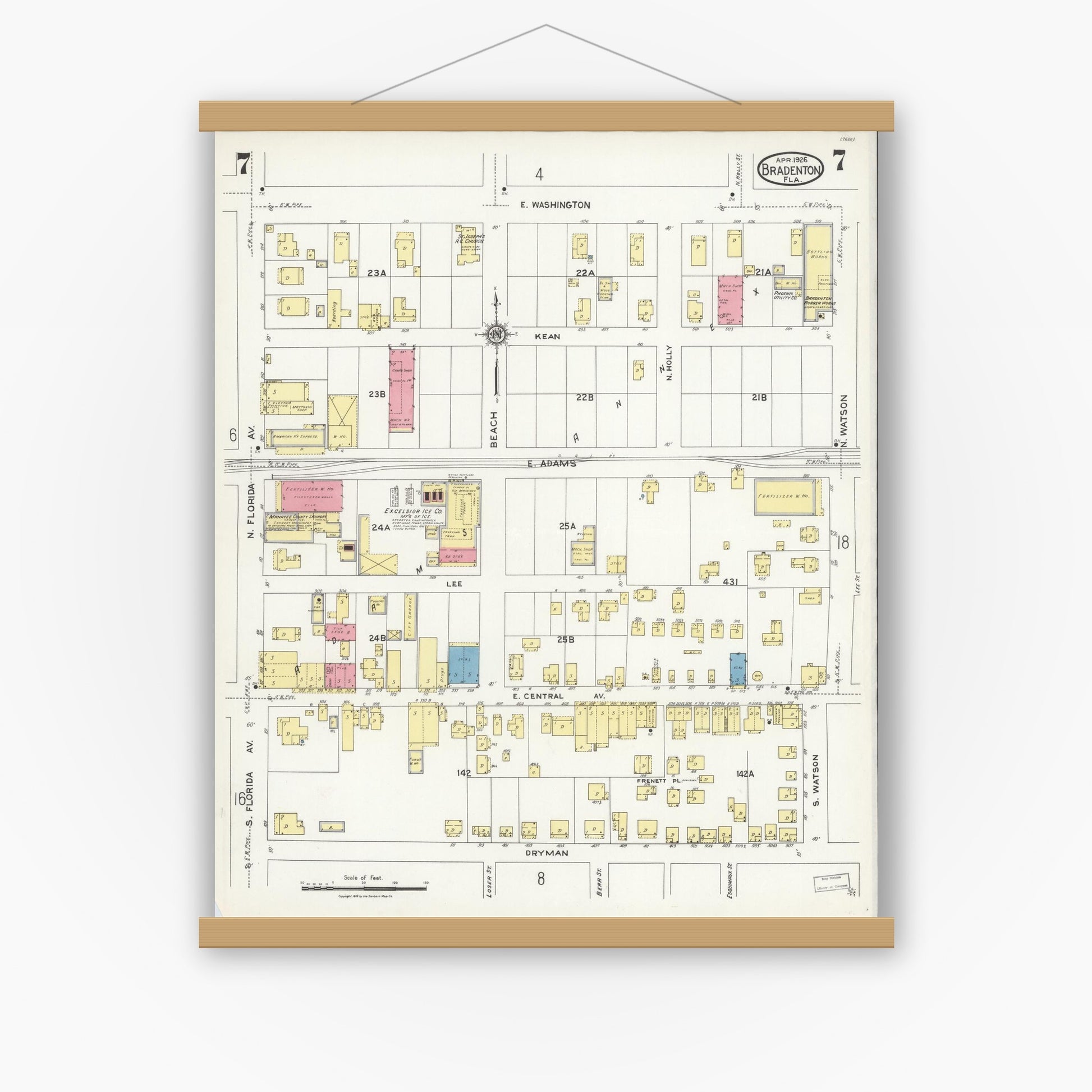 Old map wall art mockup — magnetic wood frame on white wall — Sanborn Fire Insurance Map from Bradentown, Manatee County, Florida (1926), Sheet #0007