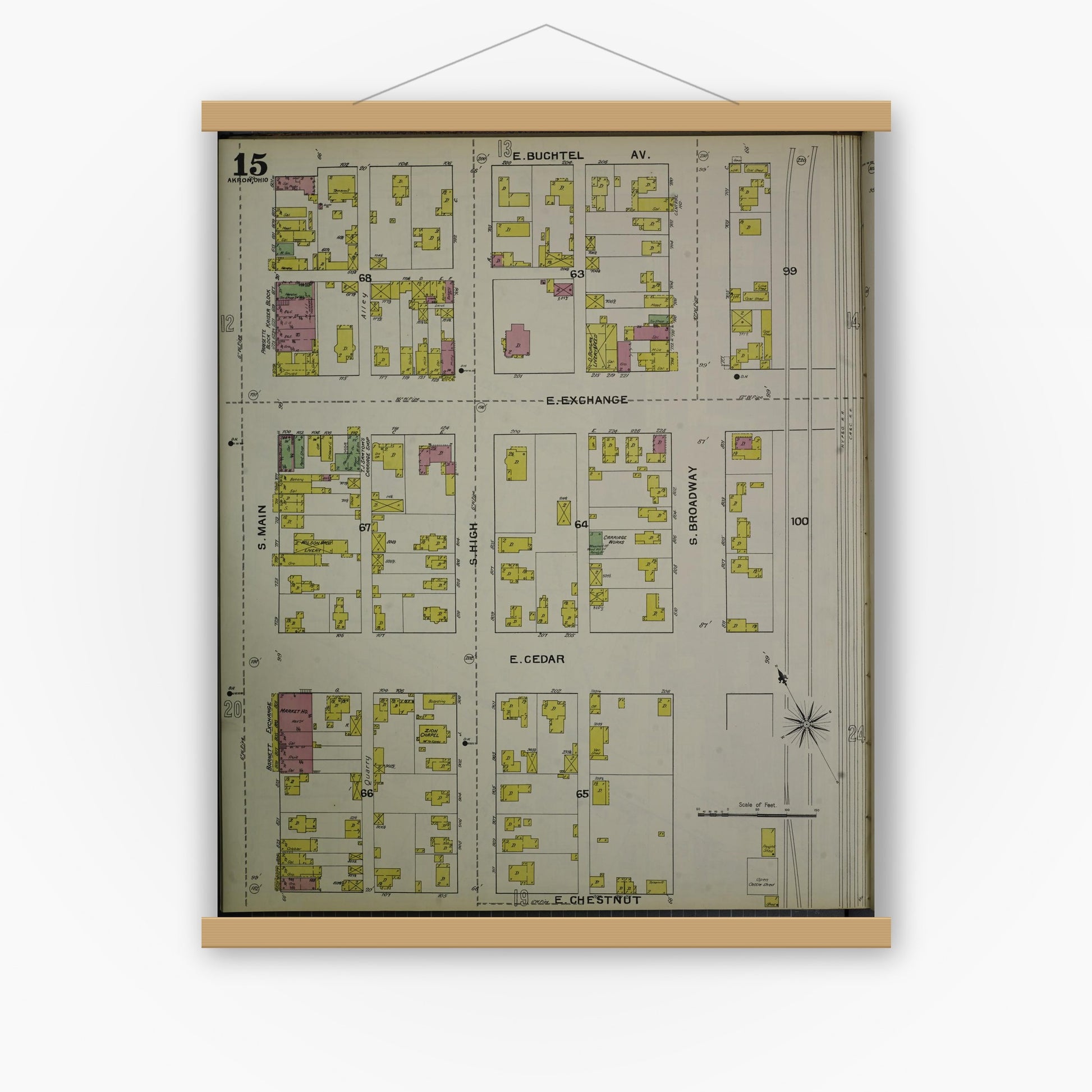 Old map wall art mockup — magnetic wood frame on white wall — Sanborn Fire Insurance Map from Akron, Summit County, Ohio (1892), Sheet #0015