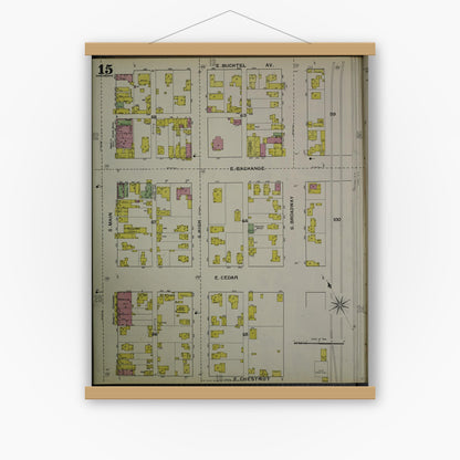 Old map wall art mockup — magnetic wood frame on white wall — Sanborn Fire Insurance Map from Akron, Summit County, Ohio (1892), Sheet #0015