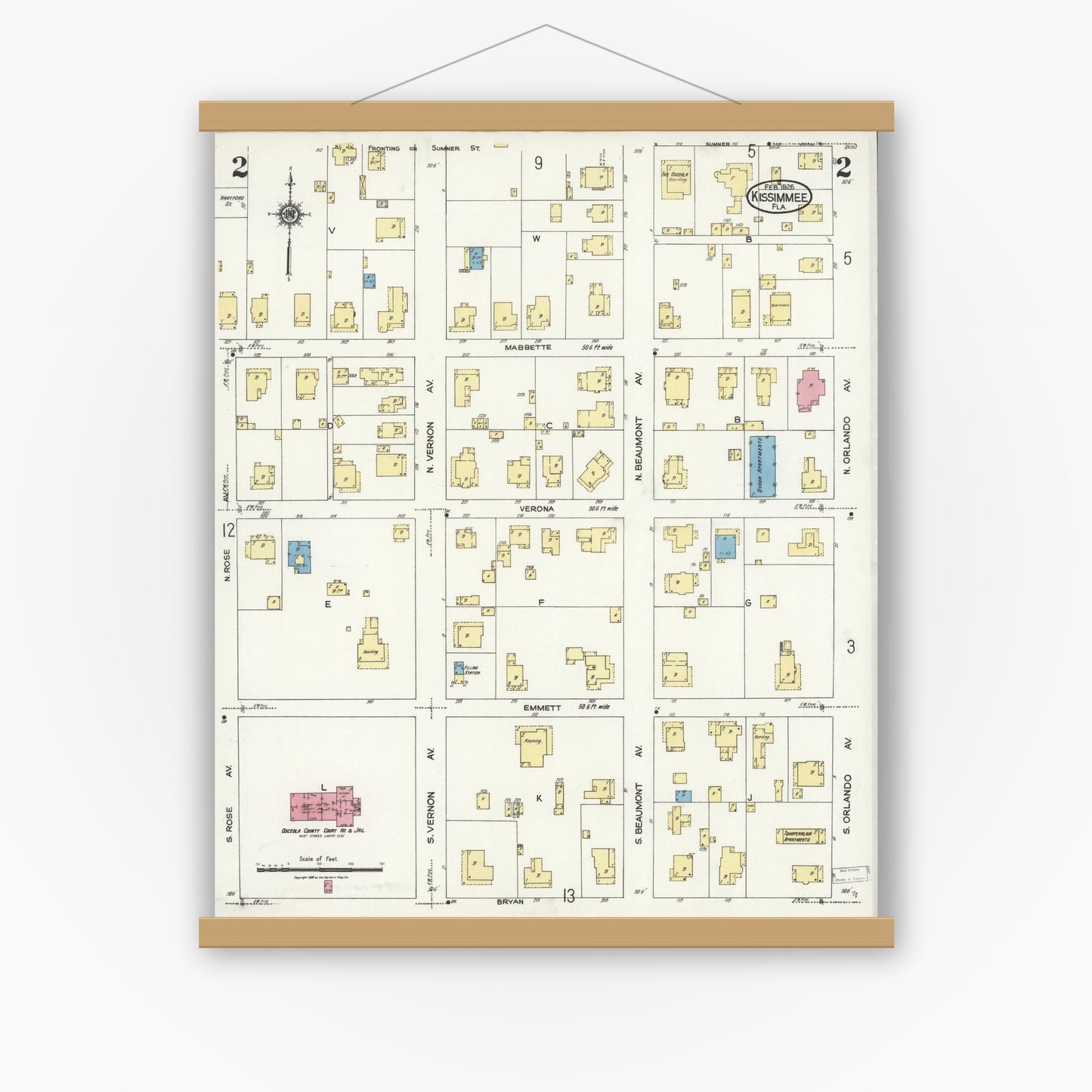 Old map wall art mockup — magnetic wood frame on white wall — Sanborn Fire Insurance Map from Kissimmee, Osceola County, Florida (1926), Sheet #0002