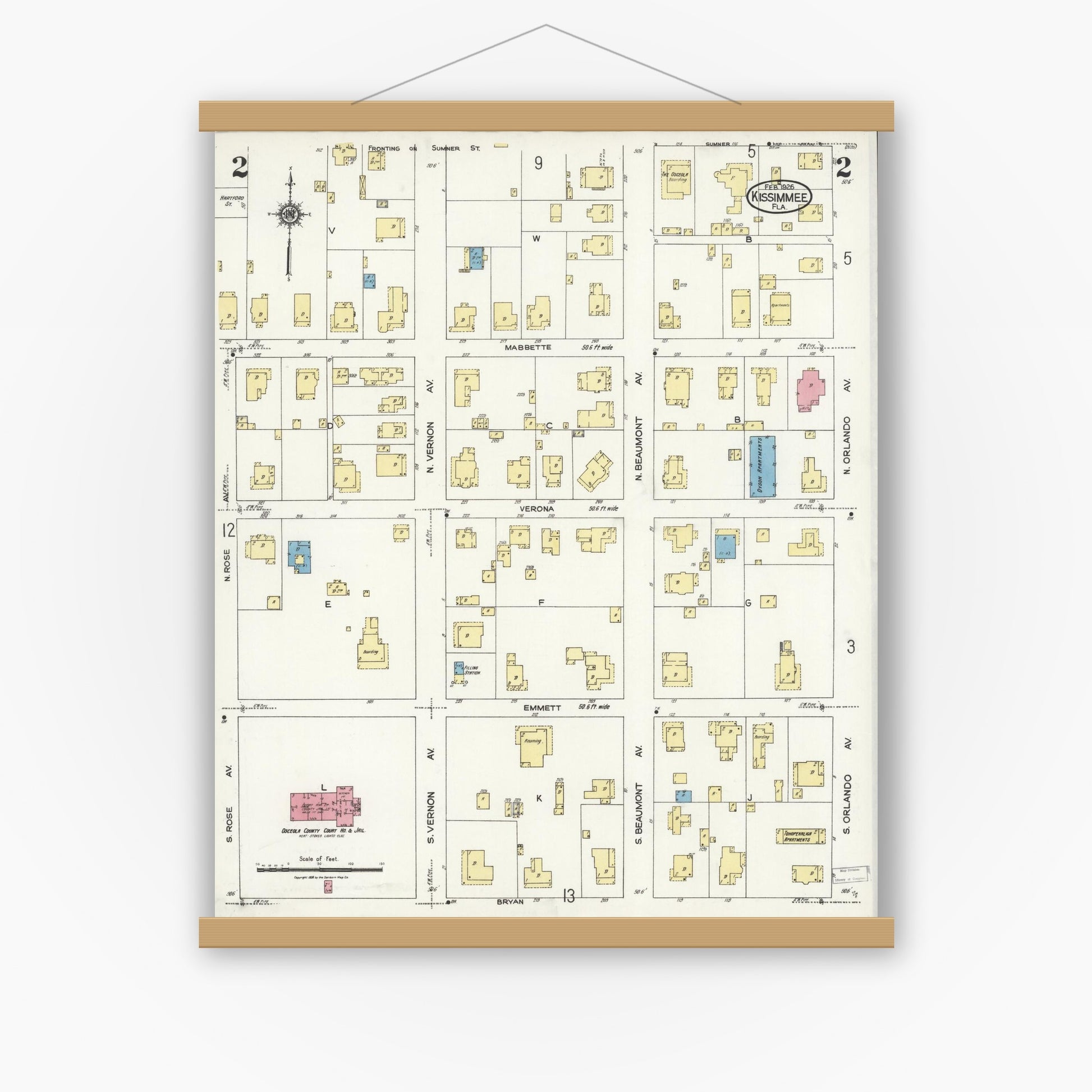 Old map wall art mockup — magnetic wood frame on white wall — Sanborn Fire Insurance Map from Kissimmee, Osceola County, Florida (1926), Sheet #0002