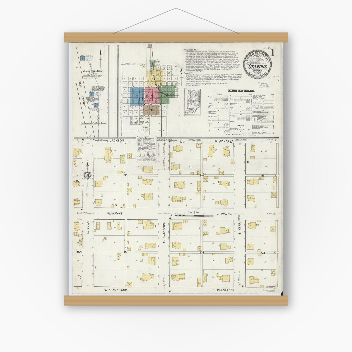 Old map wall art mockup — magnetic wood frame on white wall — Sanborn Fire Insurance Map from Orleans, Orange County, Indiana (1916), Sheet #0001