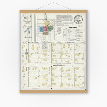 Old map wall art mockup — magnetic wood frame on white wall — Sanborn Fire Insurance Map from Orleans, Orange County, Indiana (1916), Sheet #0001