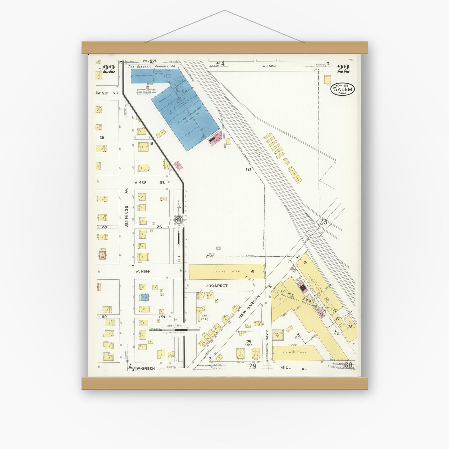 Old map wall art mockup — magnetic wood frame on white wall — Sanborn Fire Insurance Map from Salem, Columbiana County, Ohio (1926), Sheet #0022