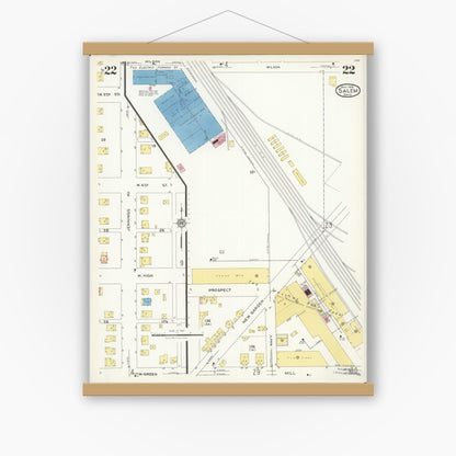 Old map wall art mockup — magnetic wood frame on white wall — Sanborn Fire Insurance Map from Salem, Columbiana County, Ohio (1926), Sheet #0022