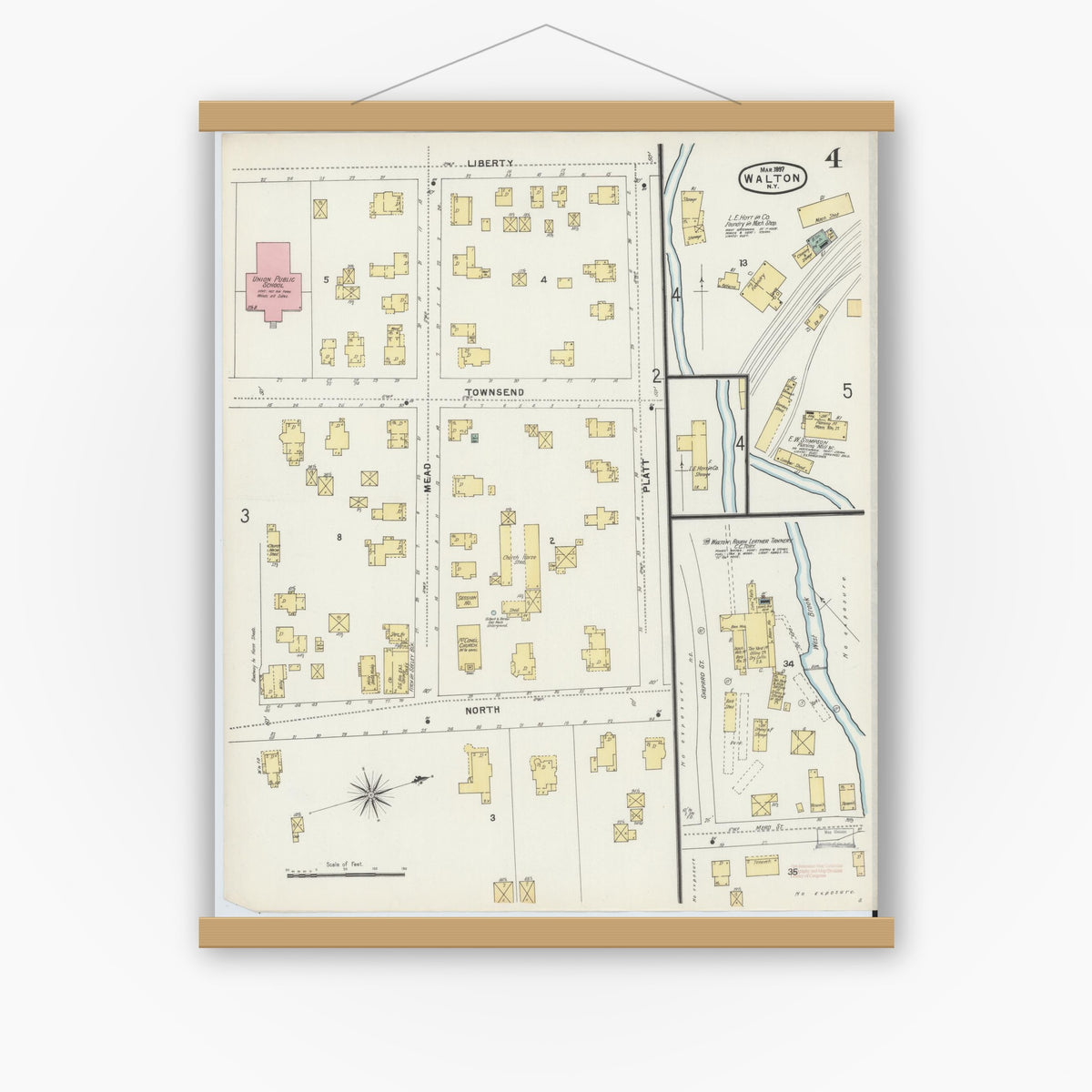 Old map wall art mockup — magnetic wood frame on white wall — Sanborn Fire Insurance Map from Walton, Delaware County, New York (1897), Sheet #0004