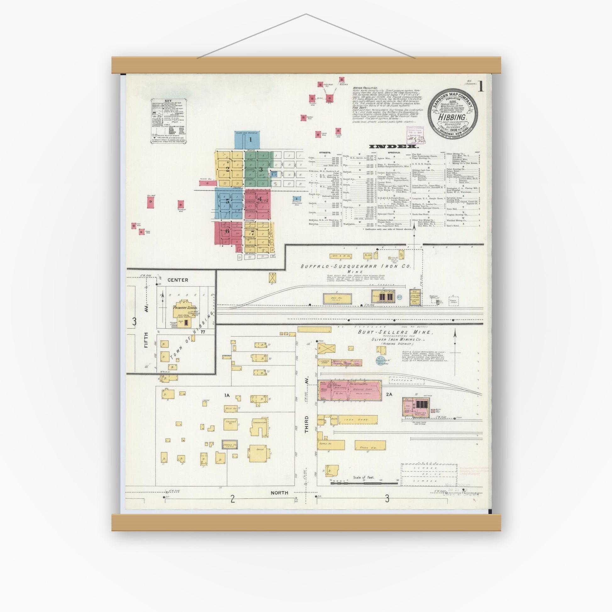 Old map wall art mockup — magnetic wood frame on white wall — Sanborn Fire Insurance Map from Hibbing, Saint Louis County, Minnesota (1908), Sheet #0001