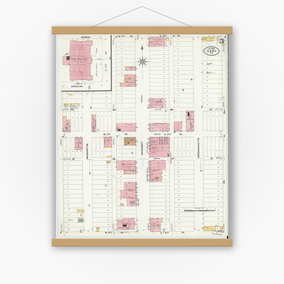 Old map wall art mockup — magnetic wood frame on white wall — Sanborn Fire Insurance Map from Gary, Lake County, Indiana (1908), Sheet #0003