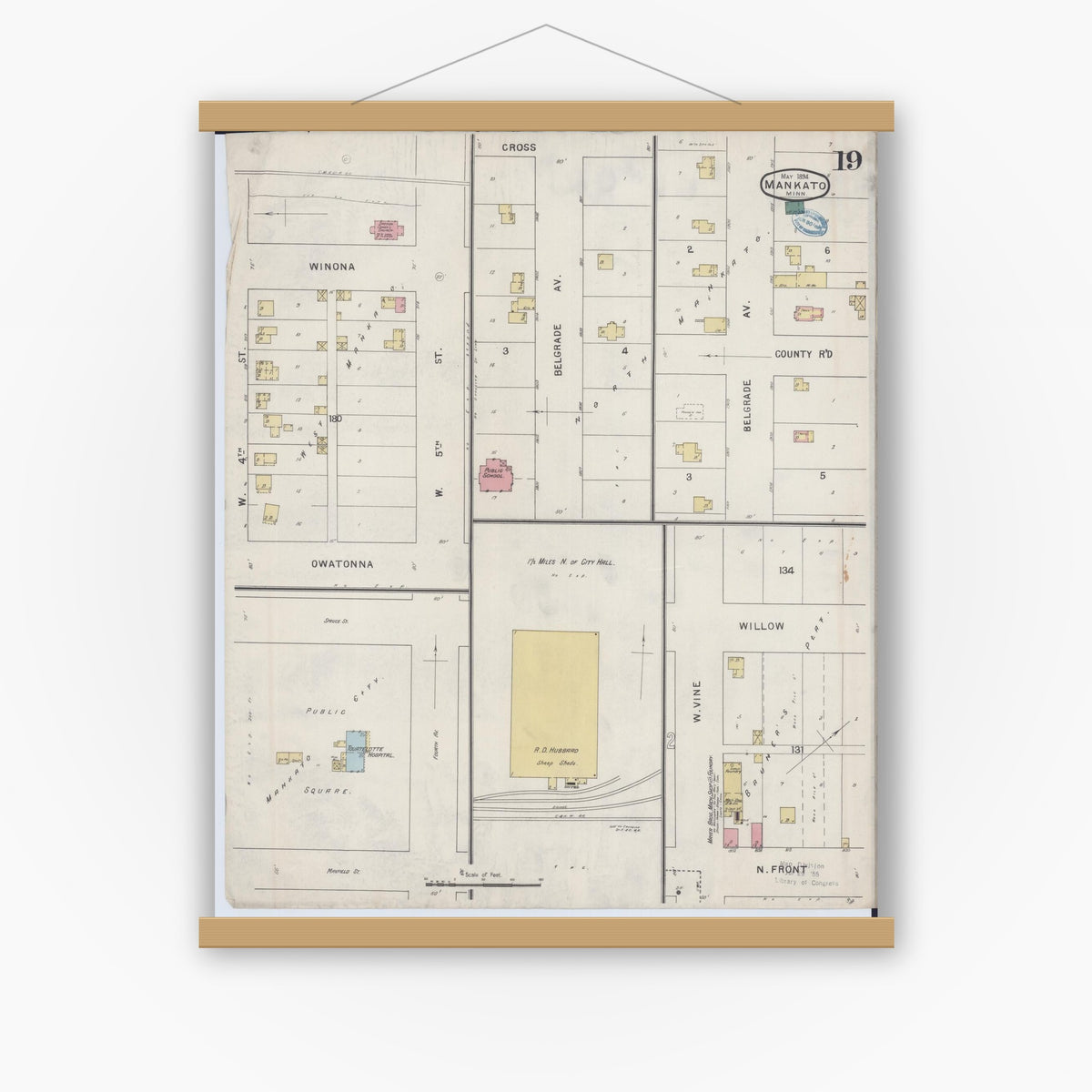 Old map wall art mockup — magnetic wood frame on white wall — Sanborn Fire Insurance Map from Mankato, Blue Earth County, Minnesota (1894), Sheet #0019