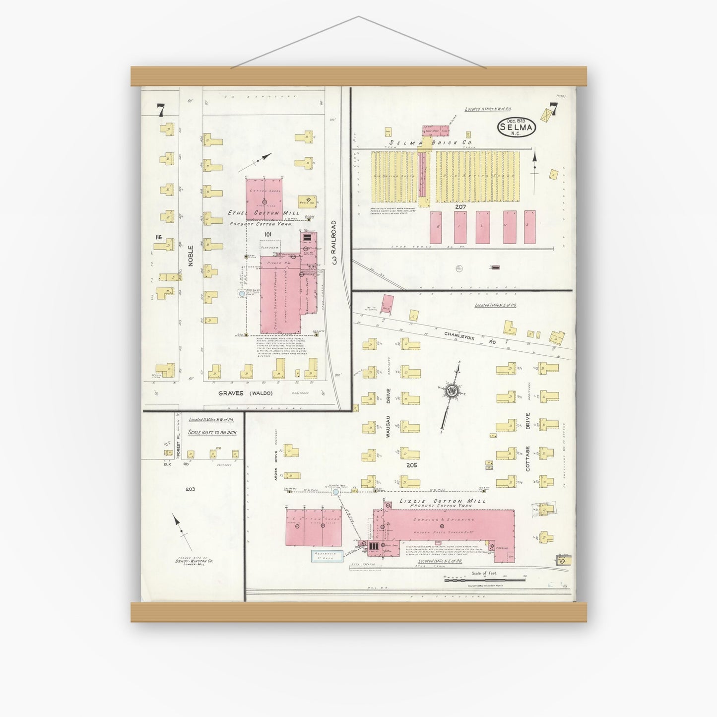 Old map wall art mockup — magnetic wood frame on white wall — Sanborn Fire Insurance Map from Selma, Johnston County, North Carolina (1923), Sheet #0007