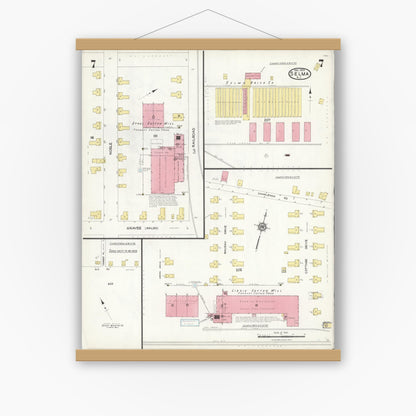 Old map wall art mockup — magnetic wood frame on white wall — Sanborn Fire Insurance Map from Selma, Johnston County, North Carolina (1923), Sheet #0007