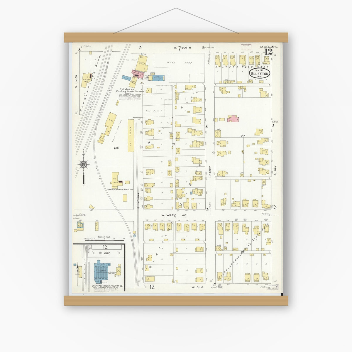Old map wall art mockup — magnetic wood frame on white wall — Sanborn Fire Insurance Map from Bluffton, Wells County, Indiana (1912), Sheet #0012
