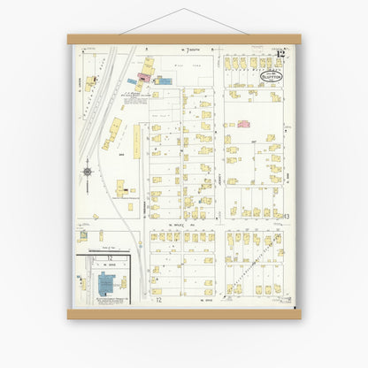 Old map wall art mockup — magnetic wood frame on white wall — Sanborn Fire Insurance Map from Bluffton, Wells County, Indiana (1912), Sheet #0012