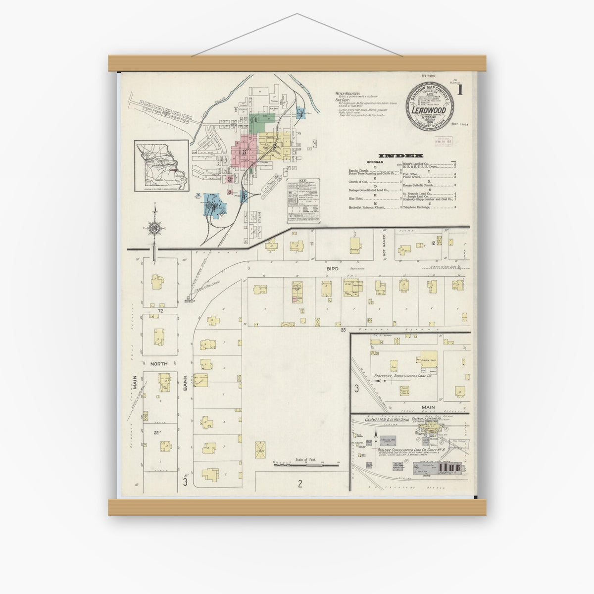 Old map wall art mockup — magnetic wood frame on white wall — Sanborn Fire Insurance Map from Leadwood, Saint Francois County, Missouri (1914), Sheet #0001