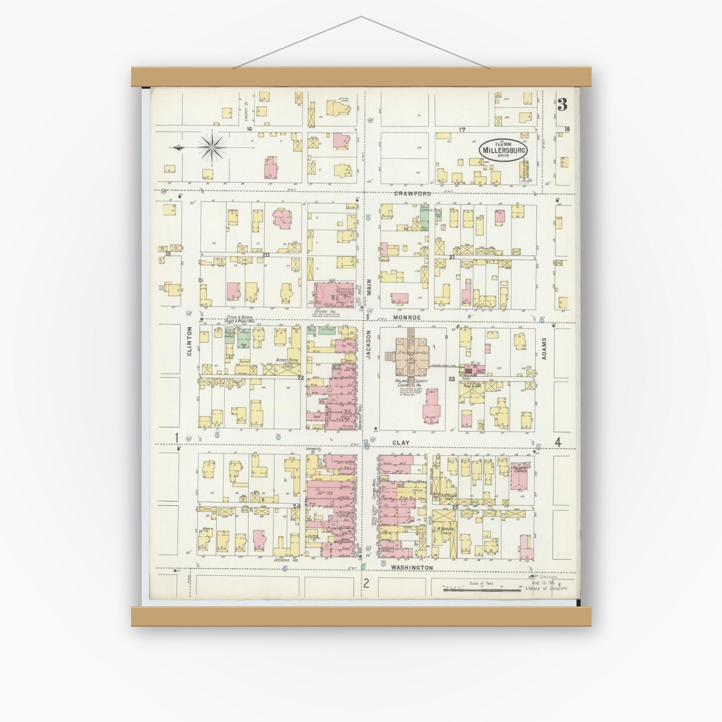 Old map wall art mockup — magnetic wood frame on white wall — Sanborn Fire Insurance Map from Millersburg, Holmes County, Ohio (1898), Sheet #0003