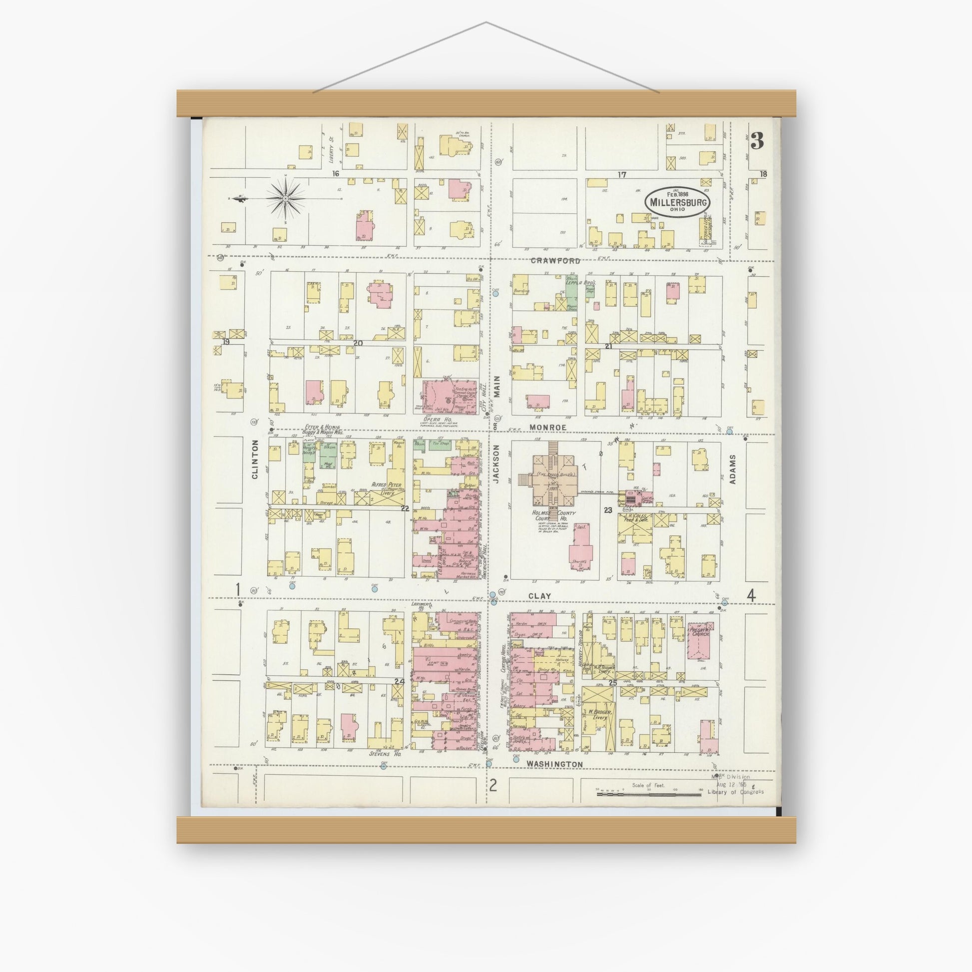 Old map wall art mockup — magnetic wood frame on white wall — Sanborn Fire Insurance Map from Millersburg, Holmes County, Ohio (1898), Sheet #0003