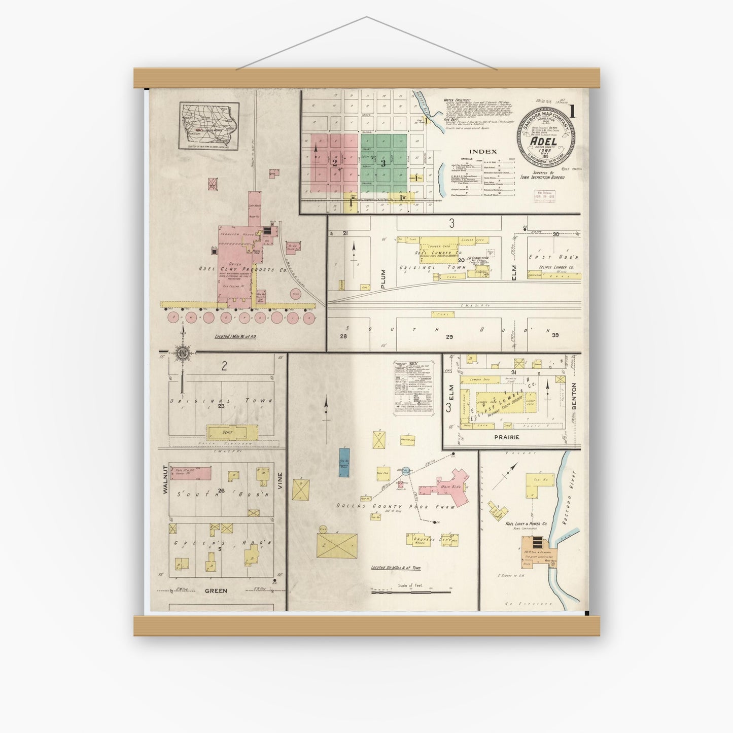 Old map wall art mockup — magnetic wood frame on white wall — Sanborn Fire Insurance Map from Adel, Dallas County, Iowa (1915) â€” Complete Set