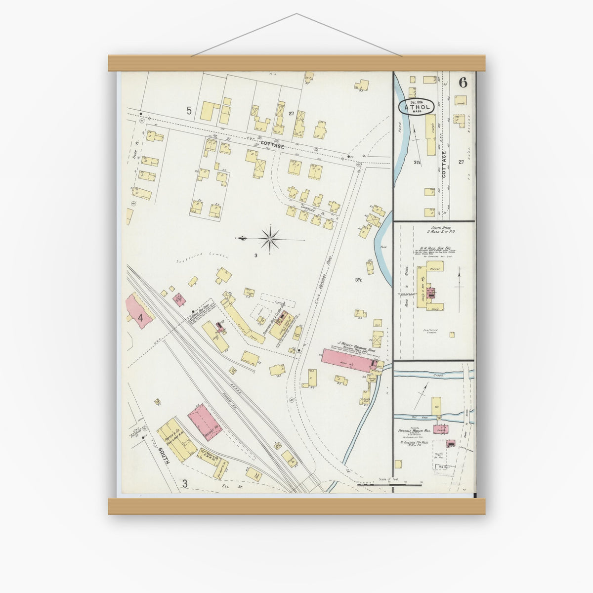 Old map wall art mockup — magnetic wood frame on white wall — Sanborn Fire Insurance Map from Athol, Worcester County, Massachusetts (1896), Sheet #0006