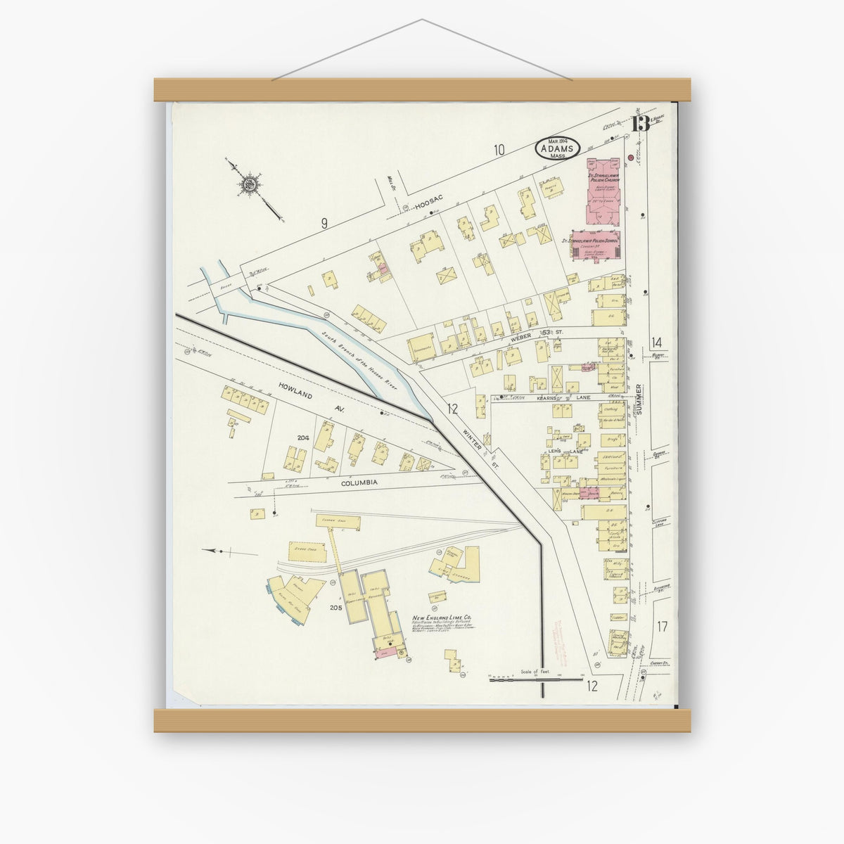 Old map wall art mockup — magnetic wood frame on white wall — Sanborn Fire Insurance Map from Adams, Berkshire County, Massachusetts (1914), Sheet #0013