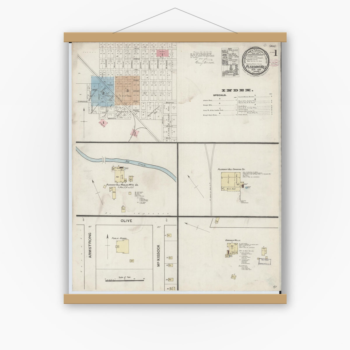 Old map wall art mockup — magnetic wood frame on white wall — Sanborn Fire Insurance Map from Pleasant Hill, Cass County, Missouri (1888) - Complete Map Set