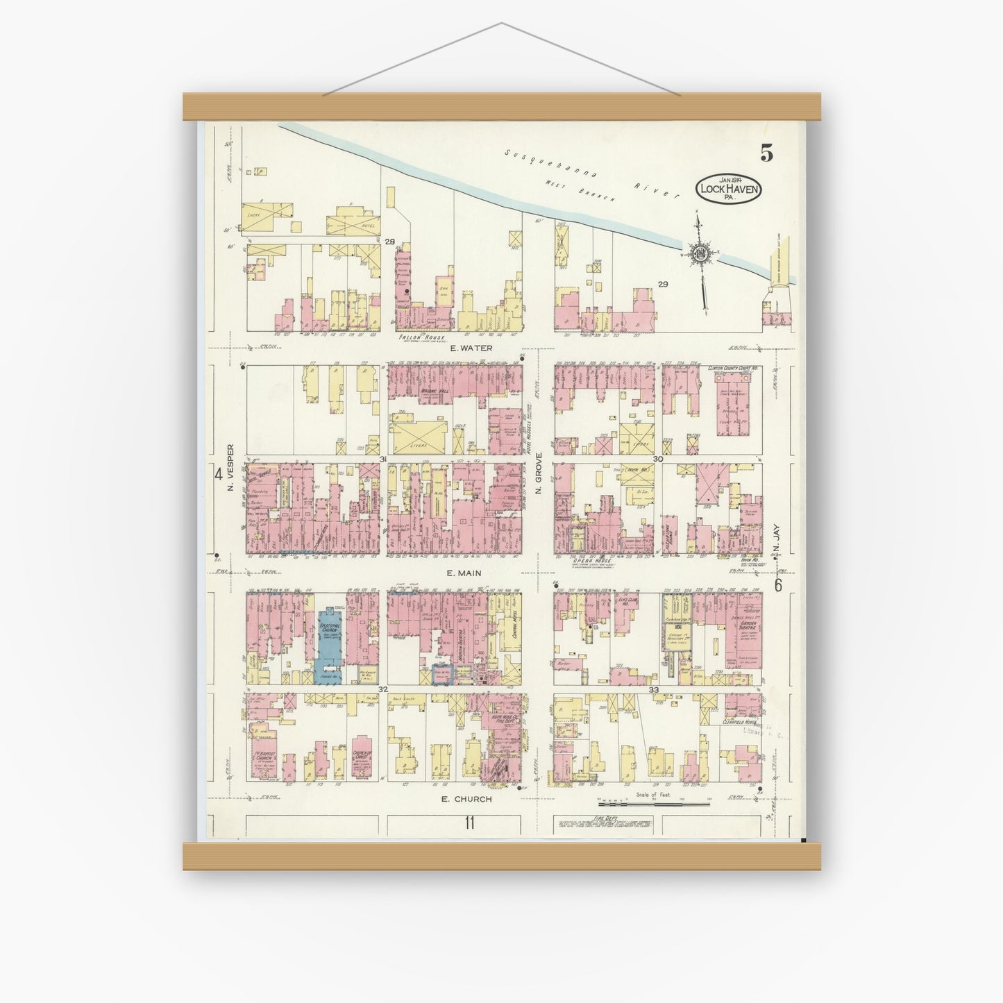 Old map wall art mockup — magnetic wood frame on white wall — Sanborn Fire Insurance Map from Lock Haven, Clinton County, Pennsylvania (1914), Sheet #0005