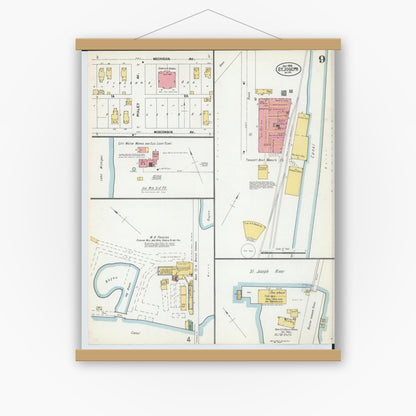 Old map wall art mockup — magnetic wood frame on white wall — Sanborn Fire Insurance Map from Saint Joseph, Berrien County, Michigan (1902), Sheet #0009