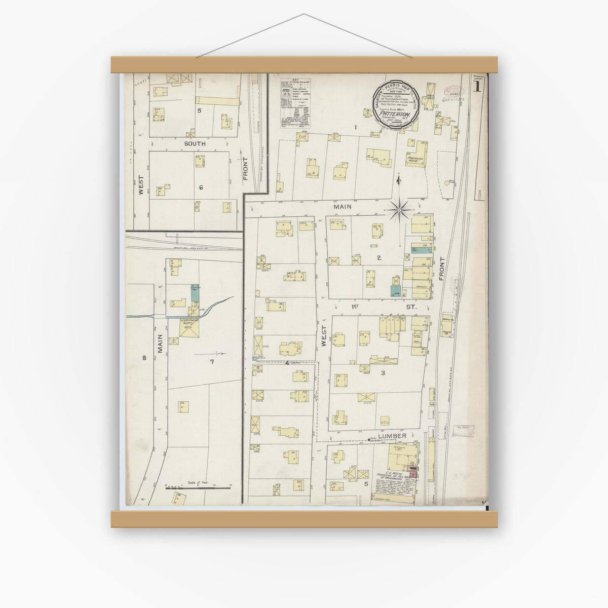 Old map wall art mockup — magnetic wood frame on white wall — Sanborn Fire Insurance Map from Patterson, Putnam County, New York (1893) - Complete Map Set