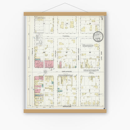 Old map wall art mockup — magnetic wood frame on white wall — Sanborn Fire Insurance Map from Cuero, De Witt County, Texas (1891), Sheet #0001