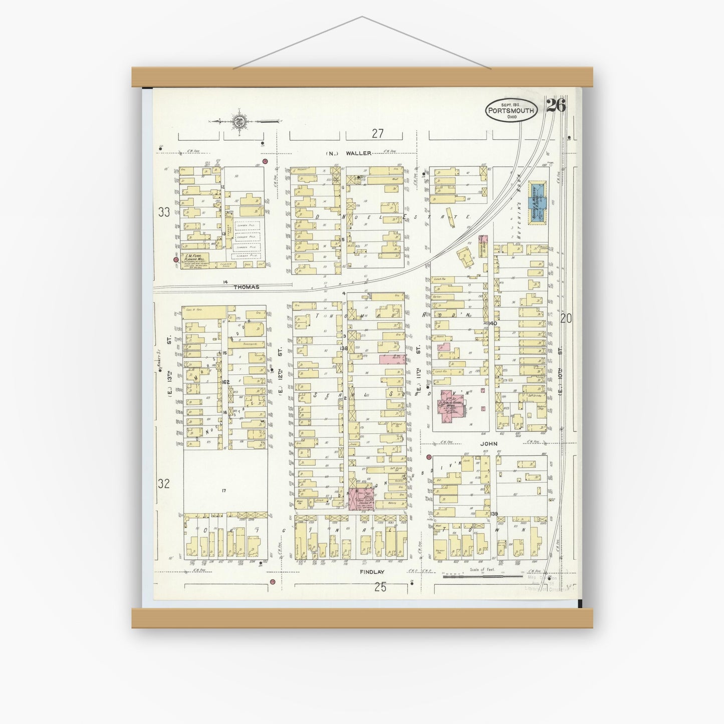 Old map wall art mockup — magnetic wood frame on white wall — Sanborn Fire Insurance Map from Portsmouth, Scioto County, Ohio (1911), Sheet #0026