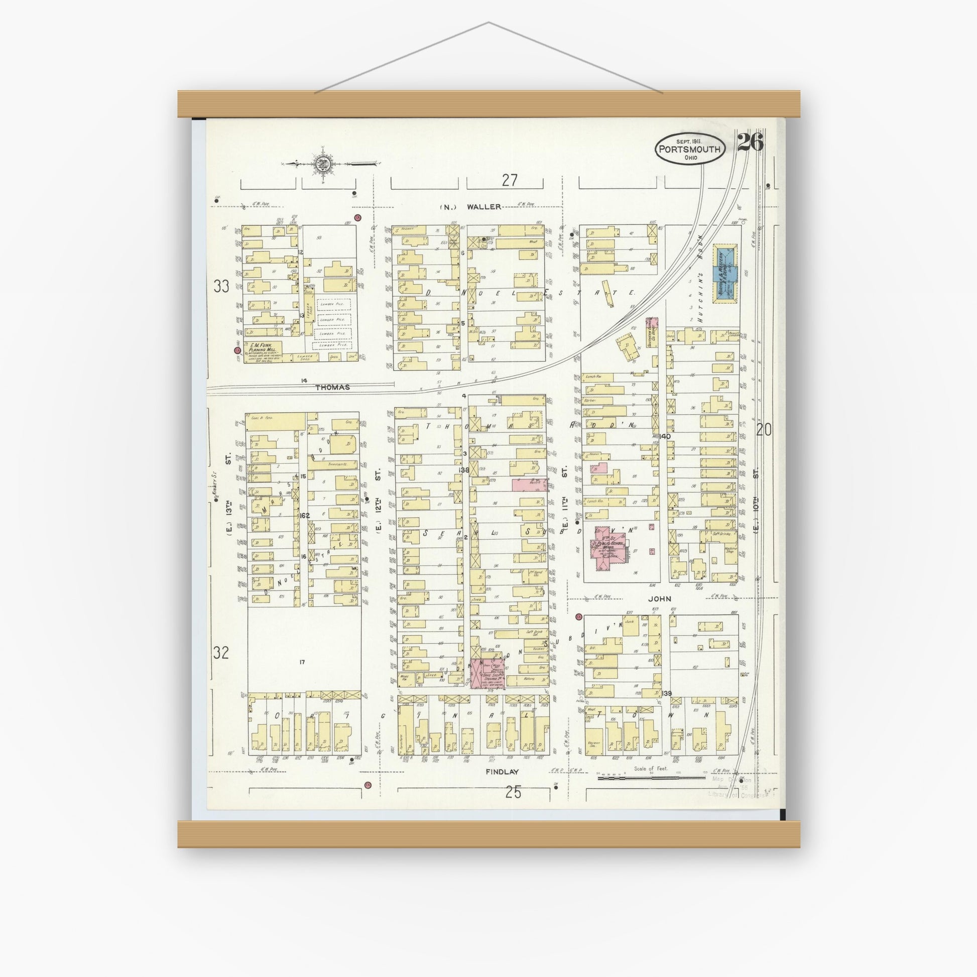 Old map wall art mockup — magnetic wood frame on white wall — Sanborn Fire Insurance Map from Portsmouth, Scioto County, Ohio (1911), Sheet #0026