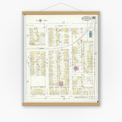 Old map wall art mockup — magnetic wood frame on white wall — Sanborn Fire Insurance Map from Portsmouth, Scioto County, Ohio (1911), Sheet #0026